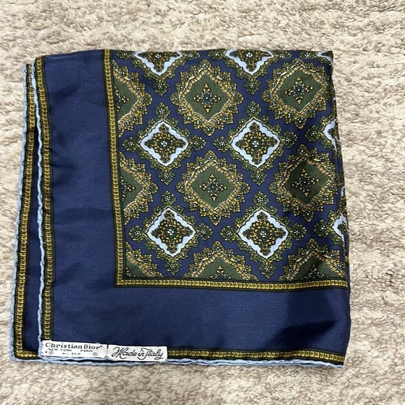 Christian Dior Navy and Gold Patterned Vintage Scarf - Picture 1 of 3